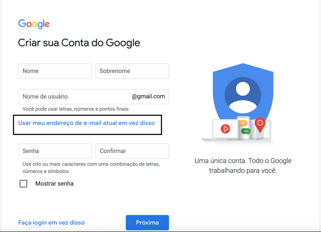 Como criar uma conta google sem gmail